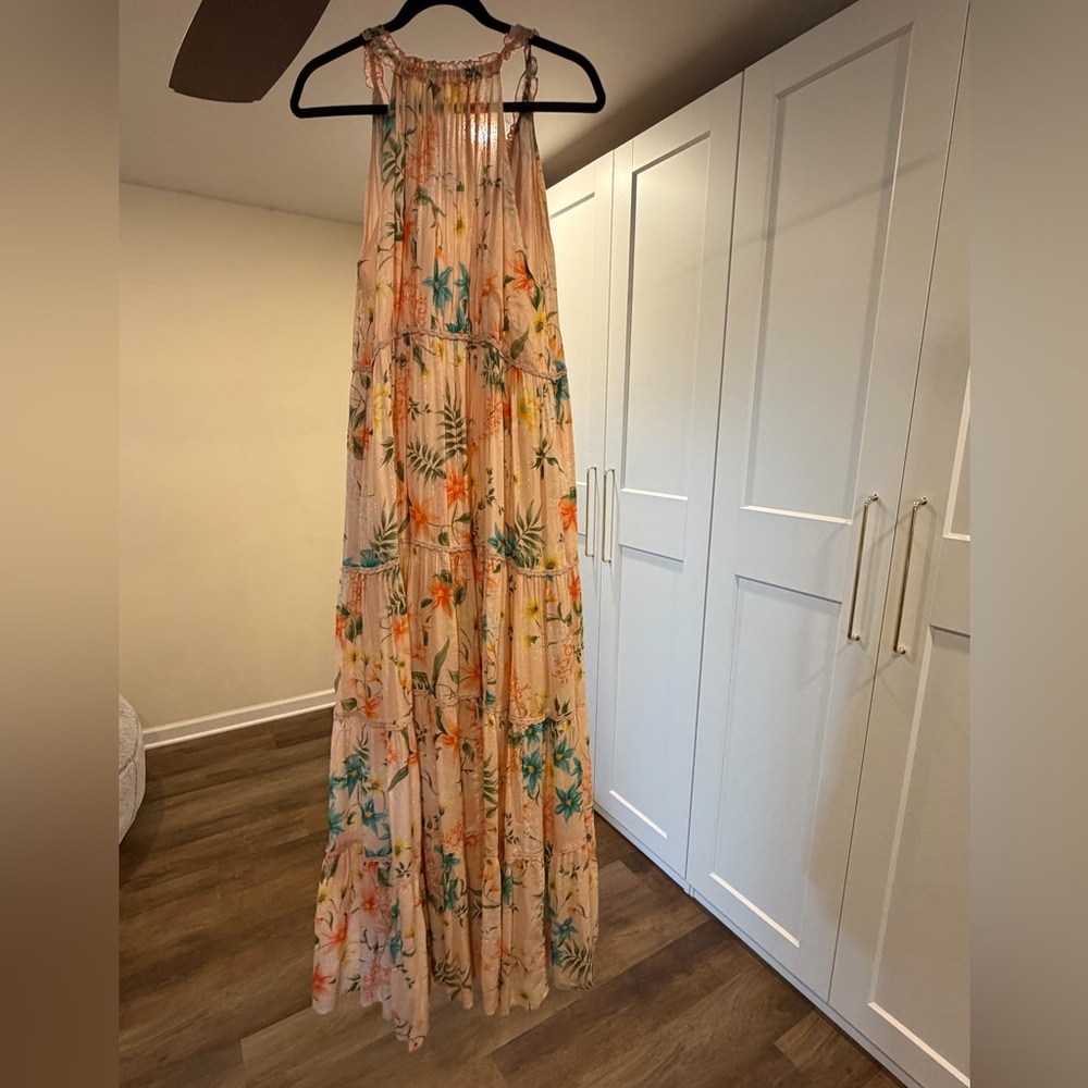PQ Swim Peach Floral Tiered Maxi Dress with Teal & Orange Accents - Picture 2 of 7